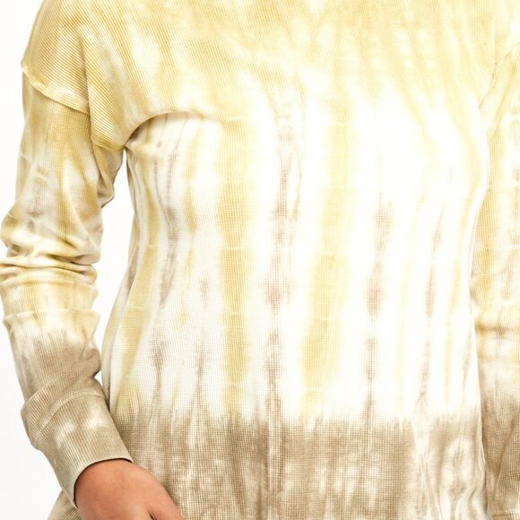 MYSTREE Yellow Beige Tie-Dye Long Sleeve Top, Casual Waffle Knit Pullover - Picture 7 of 7